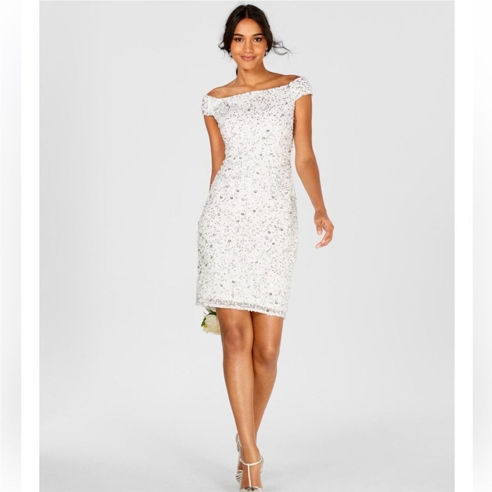Adrianna Papell: Off Shoulder Crunchy Bead Dress White (NWT)